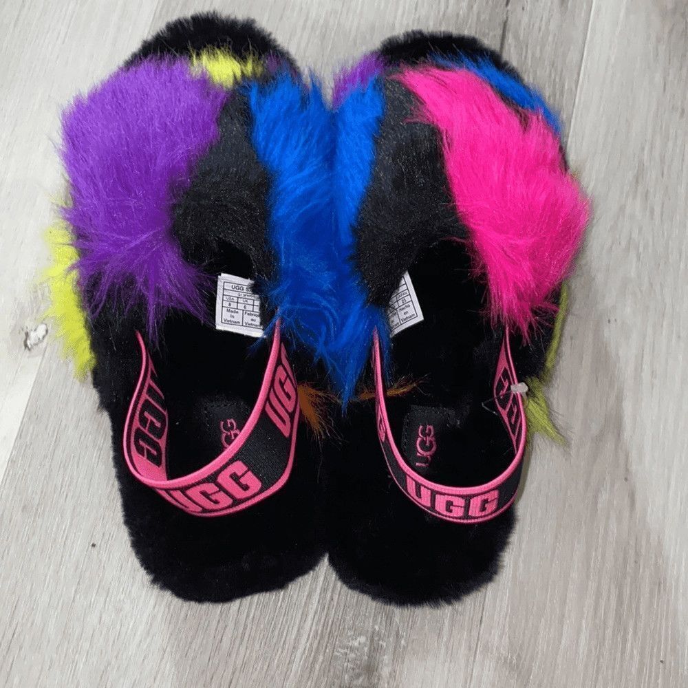 UGG Women's Black Slide Slippers with Hot Pink, Blue, Purple & Yellow Faux Fur - Picture 3 of 7